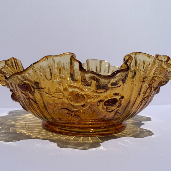 VTG Fenton Amber Glass Ruffled/Thumbprint Edge 9"x3.5" Bowl Cabbage Rose Pattern - Picture 6 of 8
